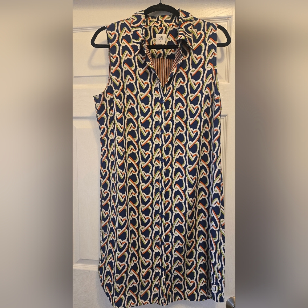 CAbi Orange Blue Mock Neck Sheath Midi Dress
